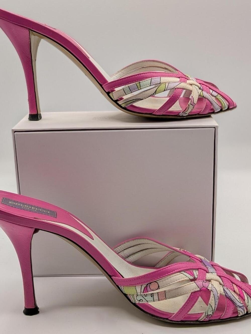 Emilio Pucci 37 EU 6.5 US Pink Leather Floral Kitten Heel Mules Made in Italy - Picture 10 of 13